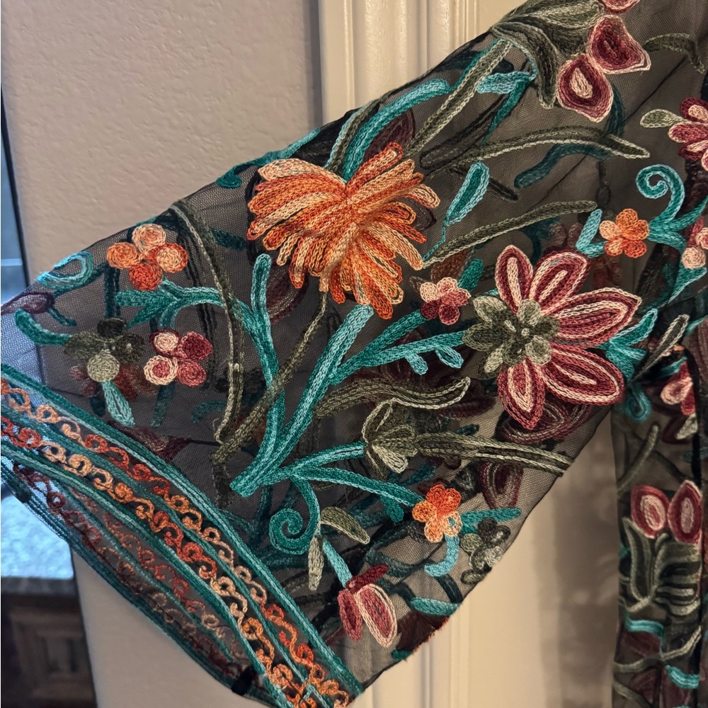 Rebellion Black Mesh Kimono with Floral Embroidery size small - Picture 3 of 6